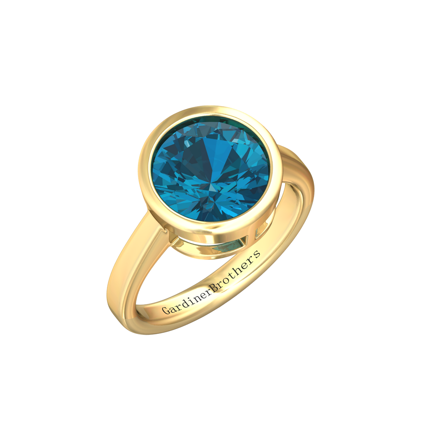 Nova round London Blue Topaz ring set in a plain bezel setting Gardiner Brothers Yellow Gold