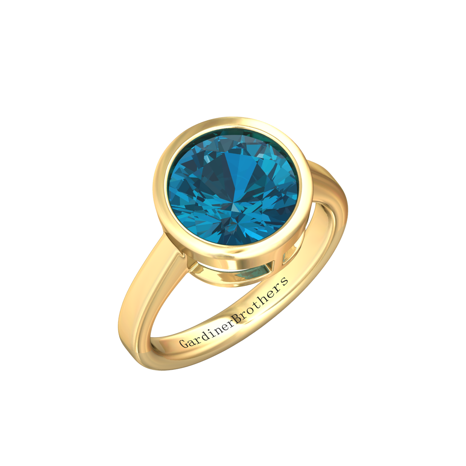 Nova round London Blue Topaz ring set in a plain bezel setting Gardiner Brothers Yellow Gold