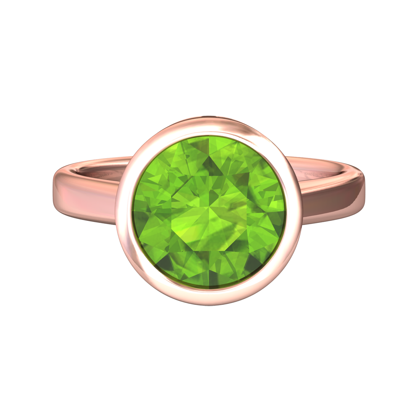 Nova round Peridot ring set in a plain bezel setting Gardiner Brothers