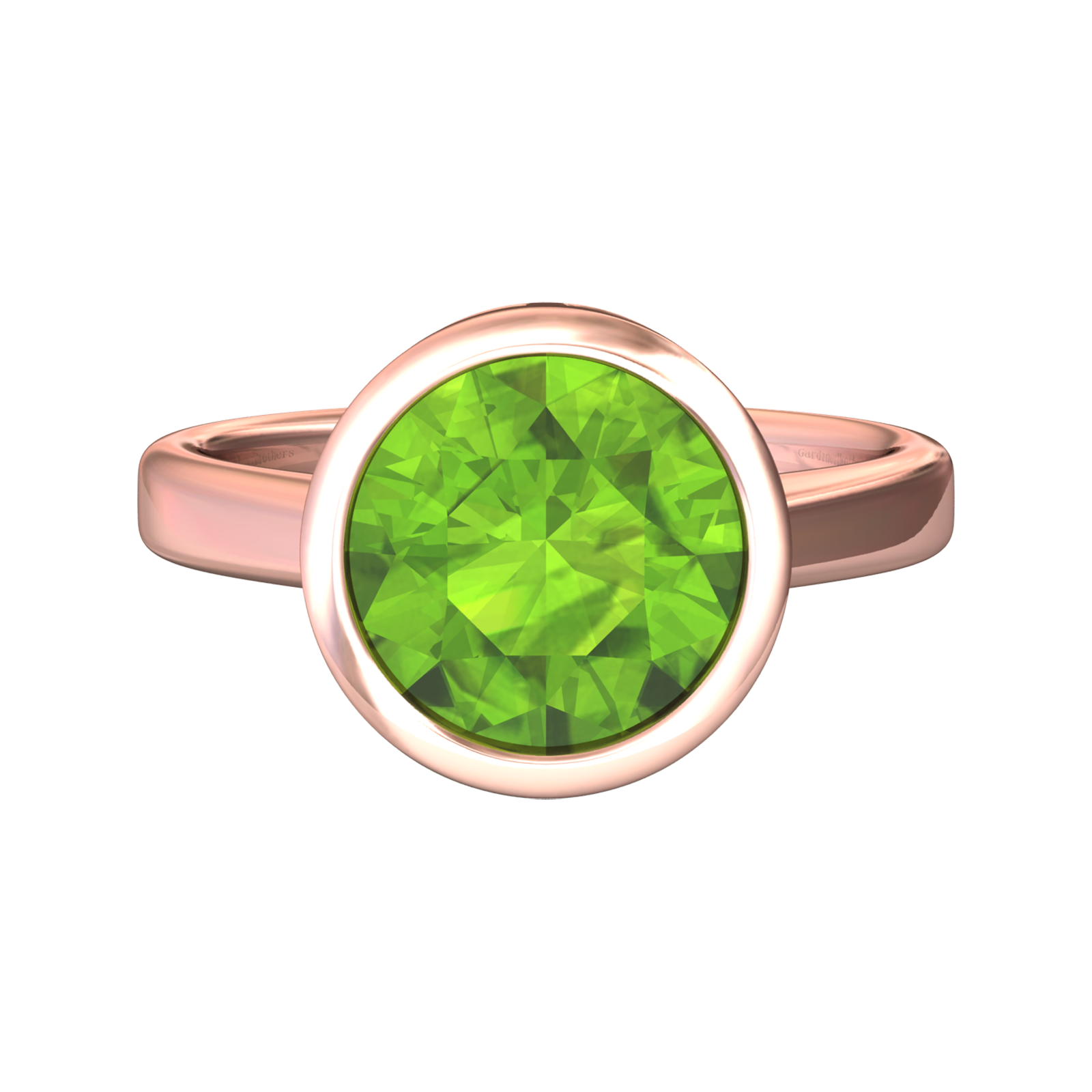 Nova round Peridot ring set in a plain bezel setting Gardiner Brothers