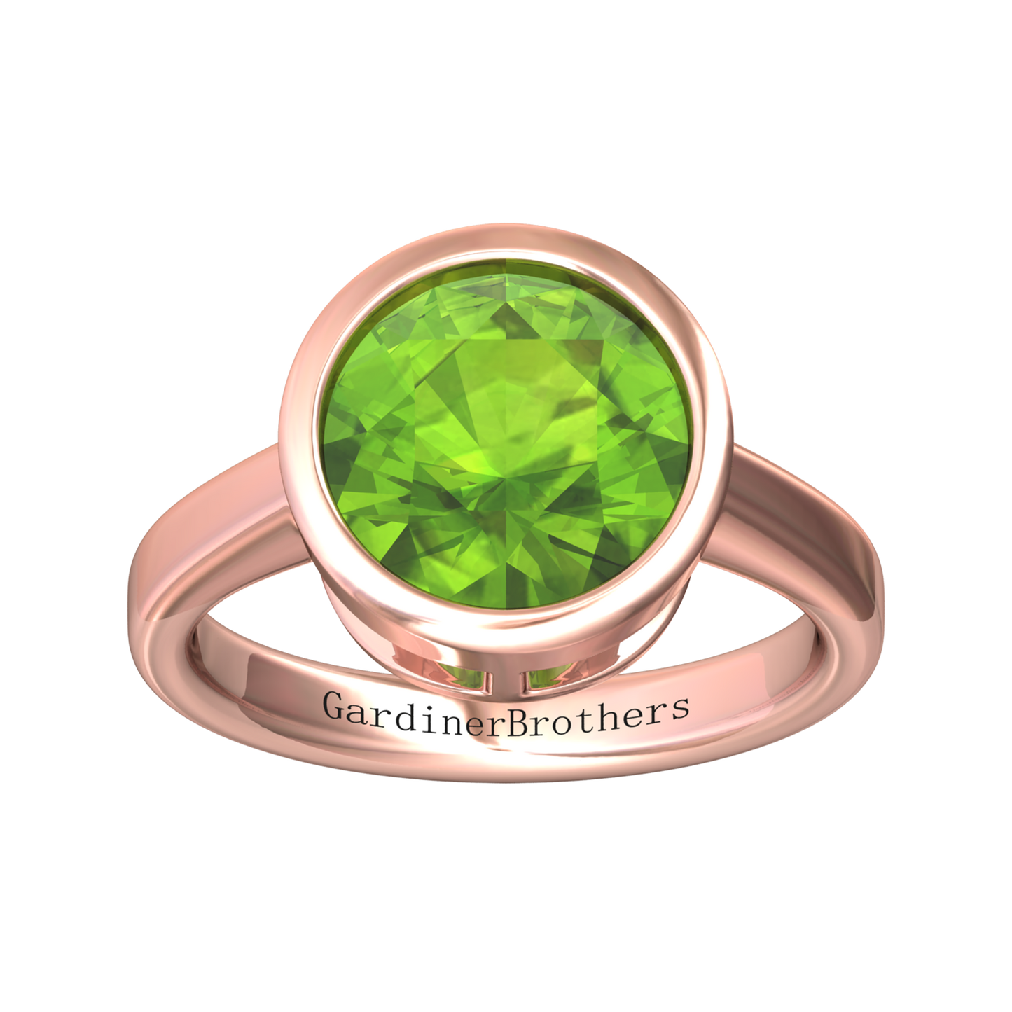 Nova round Peridot ring set in a plain bezel setting Gardiner Brothers