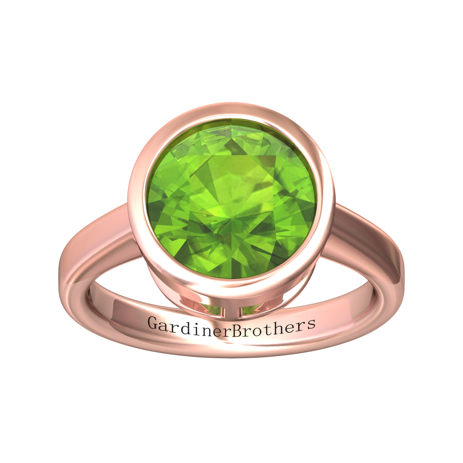 Nova round Peridot ring set in a plain bezel setting Gardiner Brothers