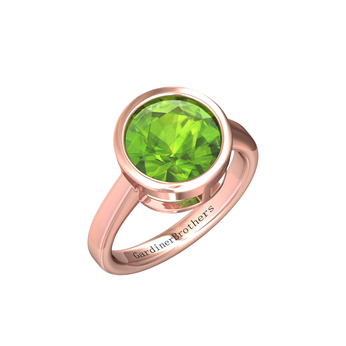 Nova round Peridot ring set in a plain bezel setting Gardiner Brothers Rose Gold