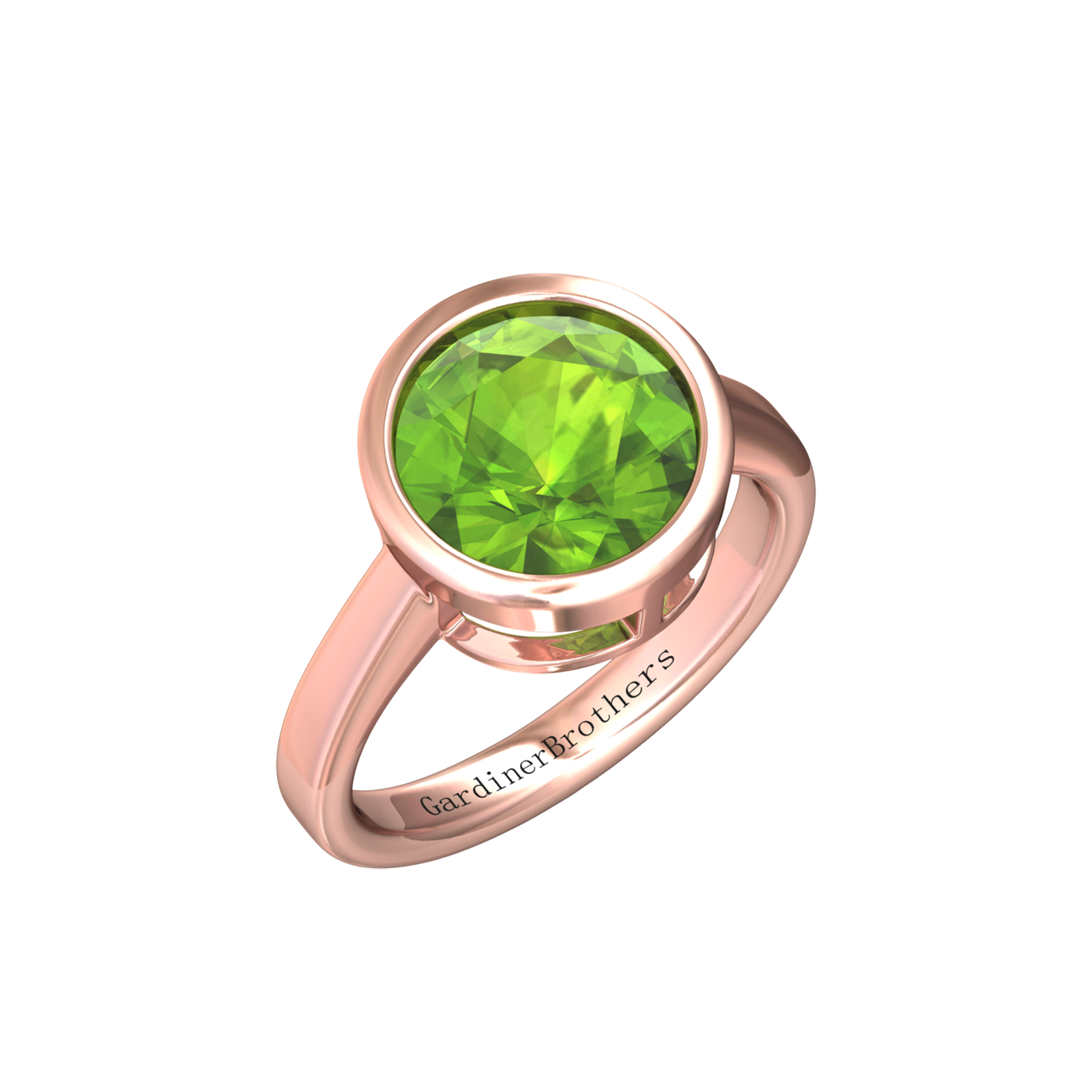 Nova round Peridot ring set in a plain bezel setting Gardiner Brothers Rose Gold