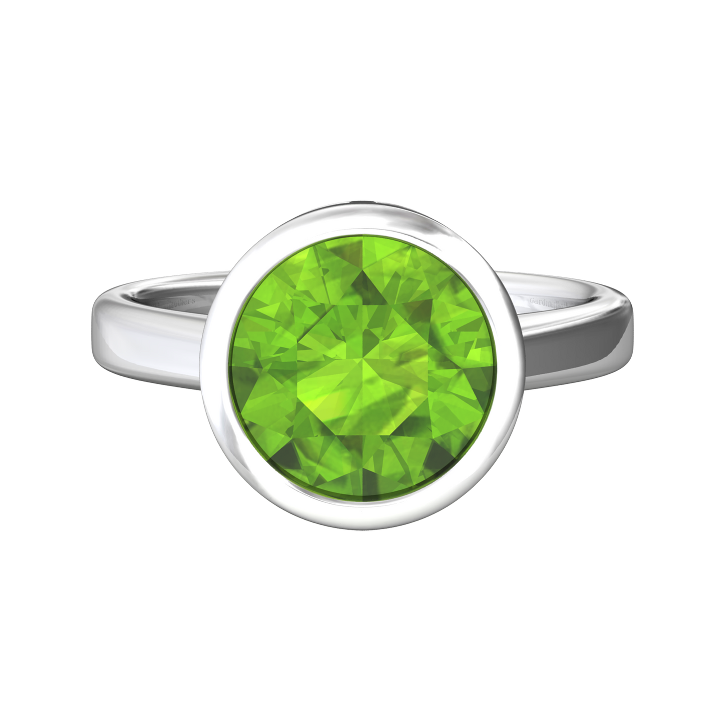 Nova round Peridot ring set in a plain bezel setting Gardiner Brothers