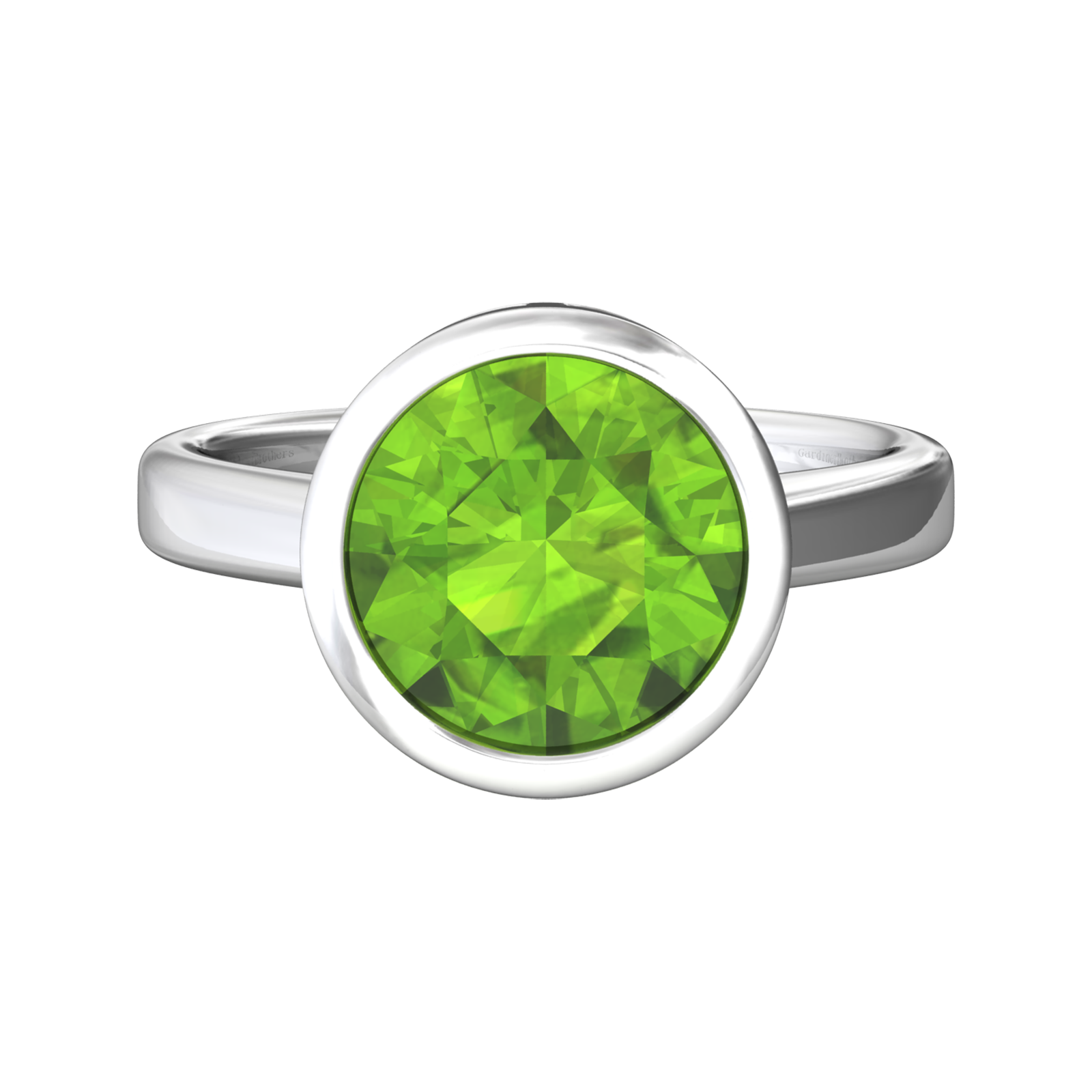 Nova round Peridot ring set in a plain bezel setting Gardiner Brothers