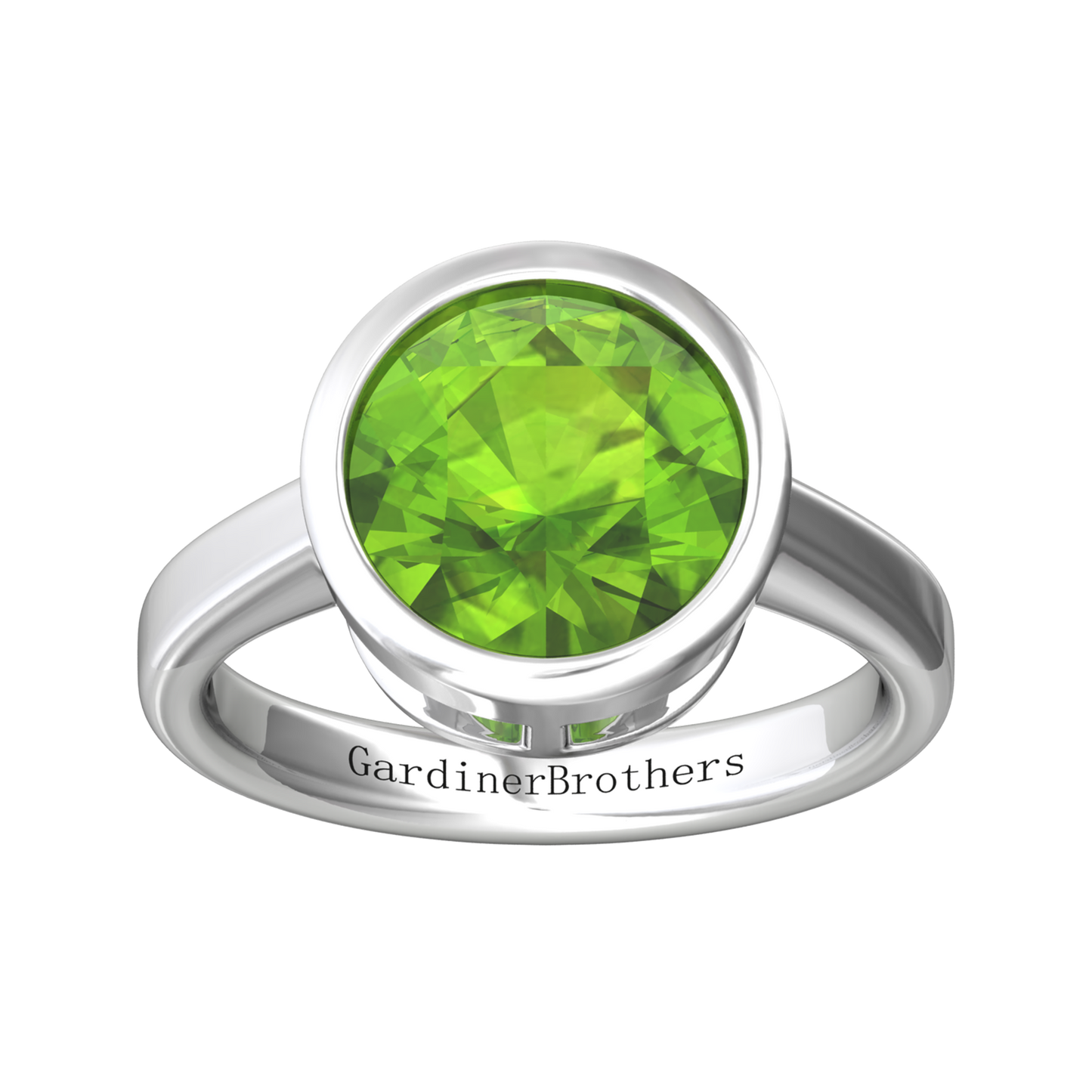 Nova round Peridot ring set in a plain bezel setting Gardiner Brothers