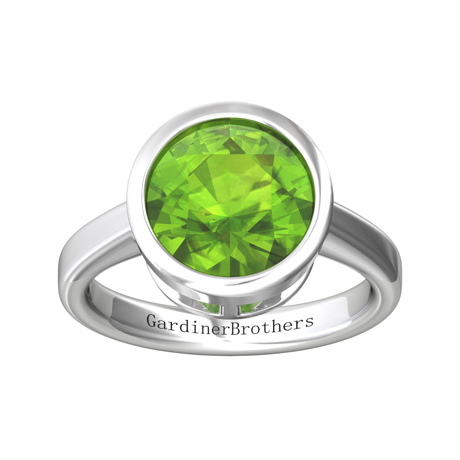 Nova round Peridot ring set in a plain bezel setting Gardiner Brothers