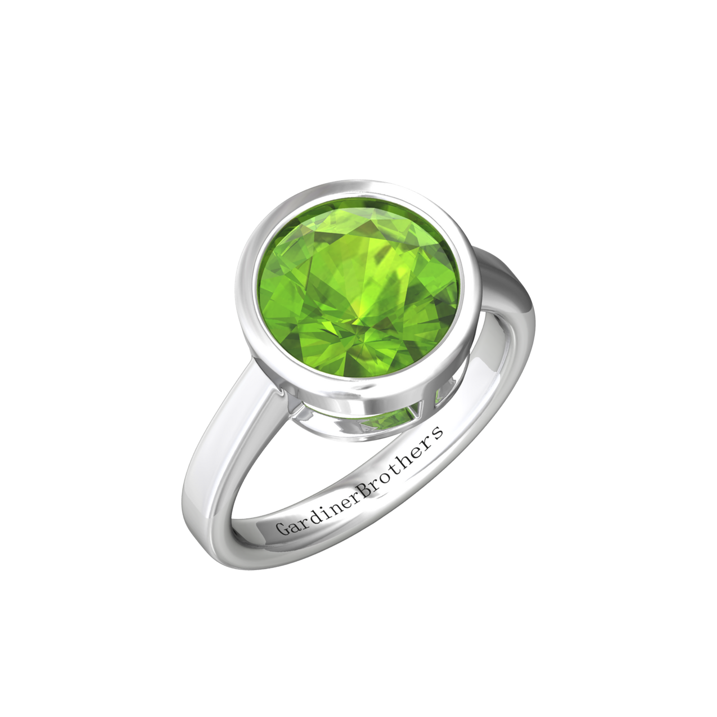 Nova round Peridot ring set in a plain bezel setting Gardiner Brothers White Gold