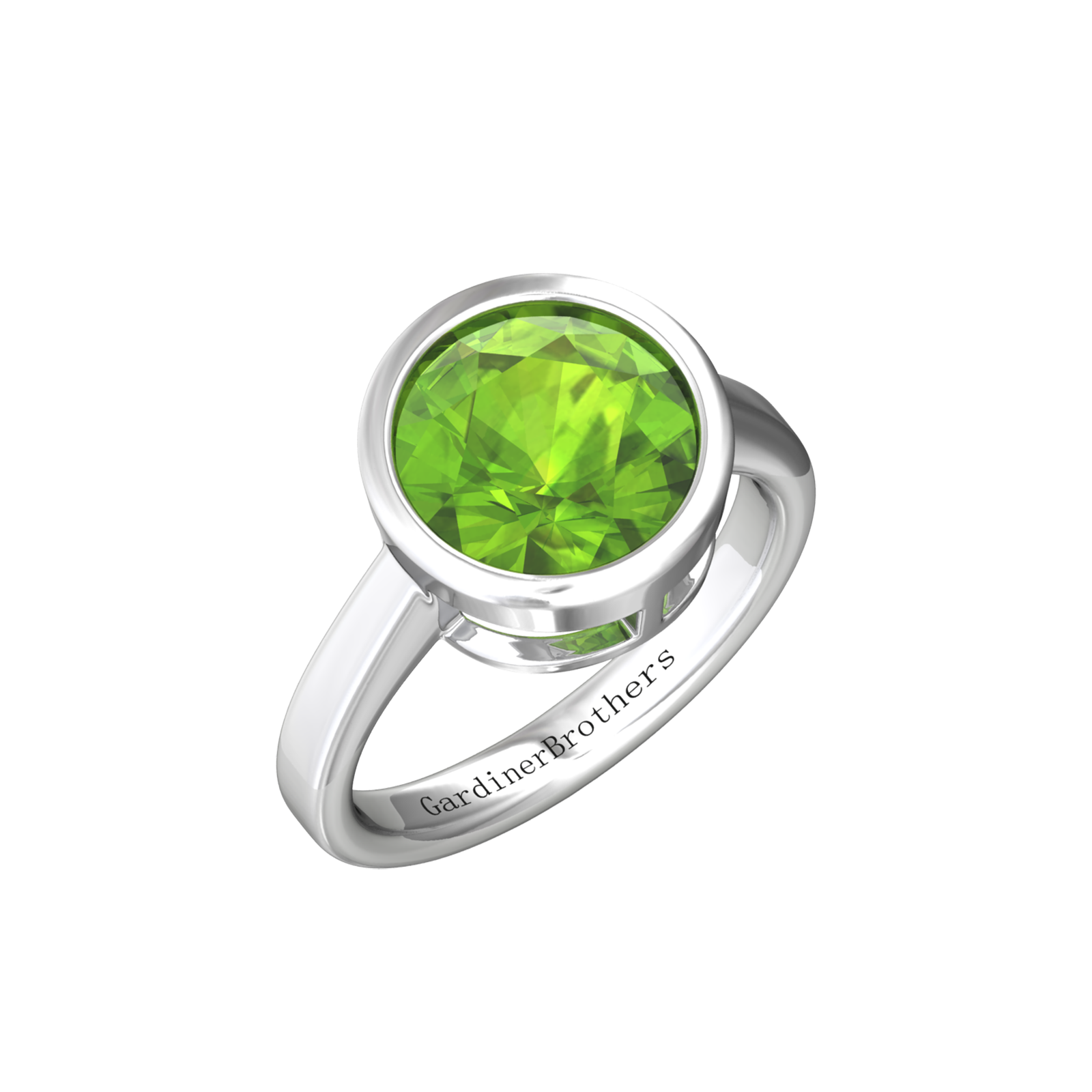 Nova round Peridot ring set in a plain bezel setting Gardiner Brothers White Gold