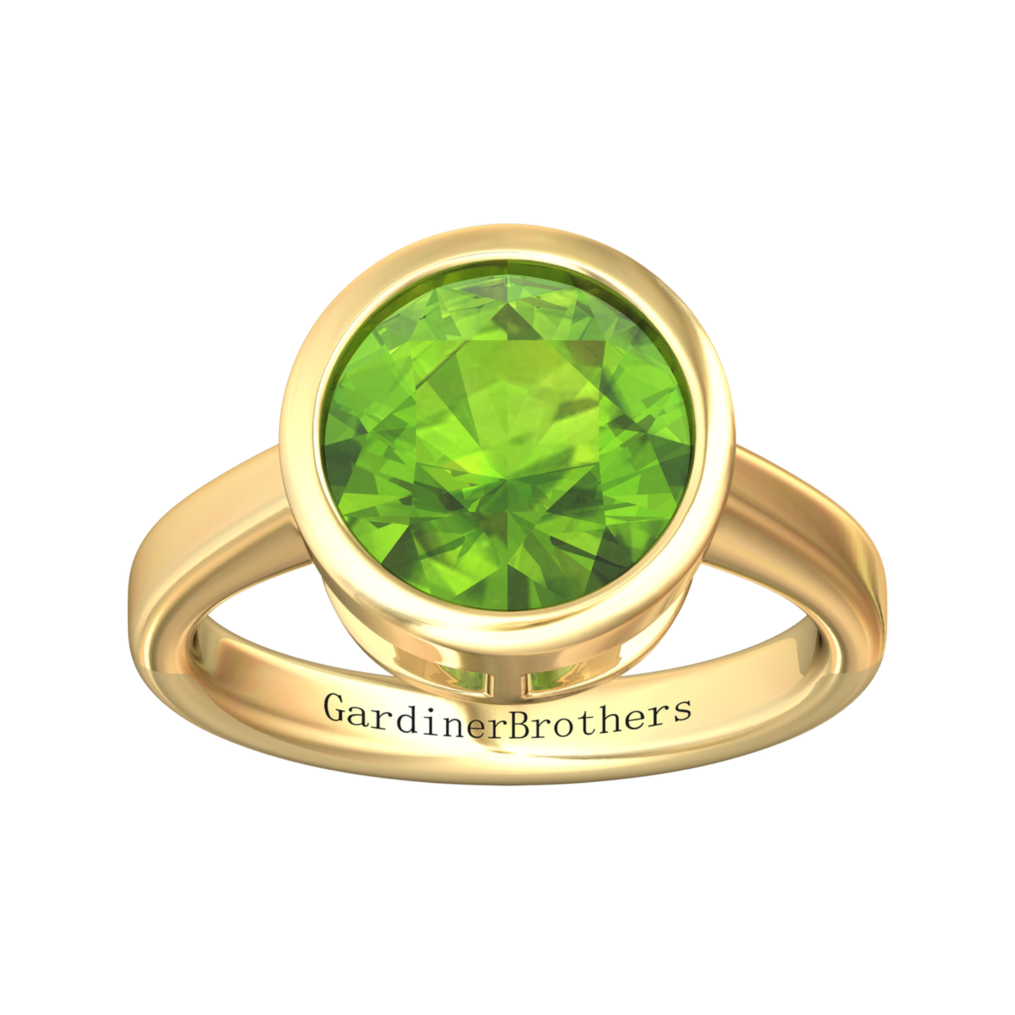 Nova round Peridot ring set in a plain bezel setting Gardiner Brothers