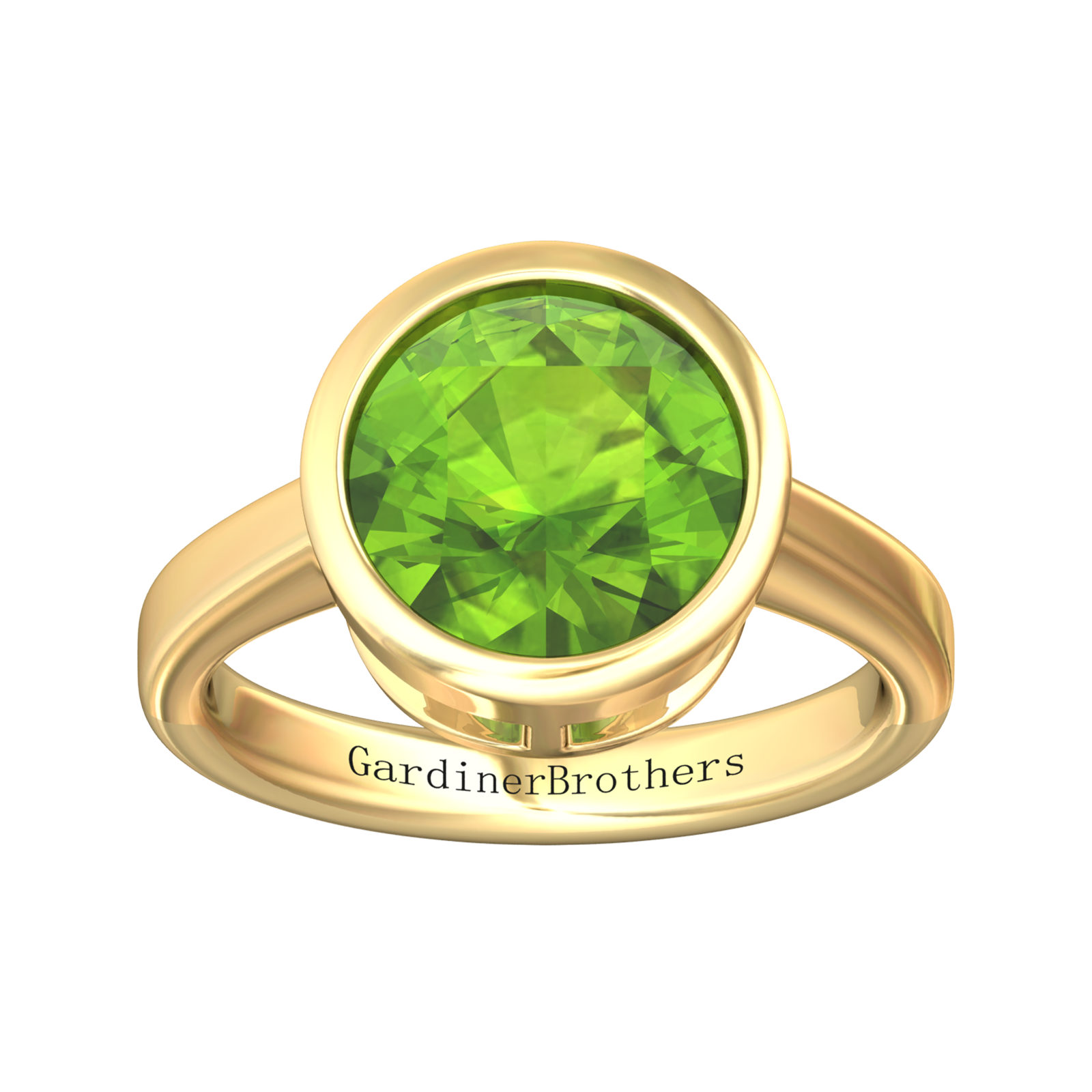 Nova round Peridot ring set in a plain bezel setting Gardiner Brothers