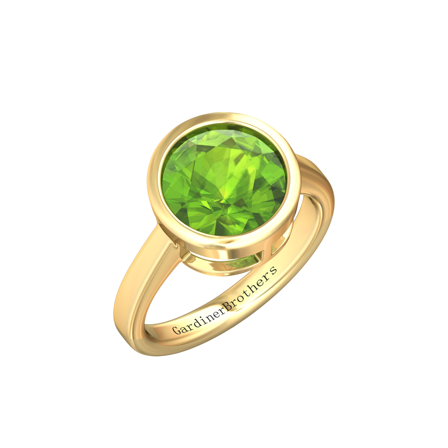 Nova round Peridot ring set in a plain bezel setting Gardiner Brothers Yellow Gold