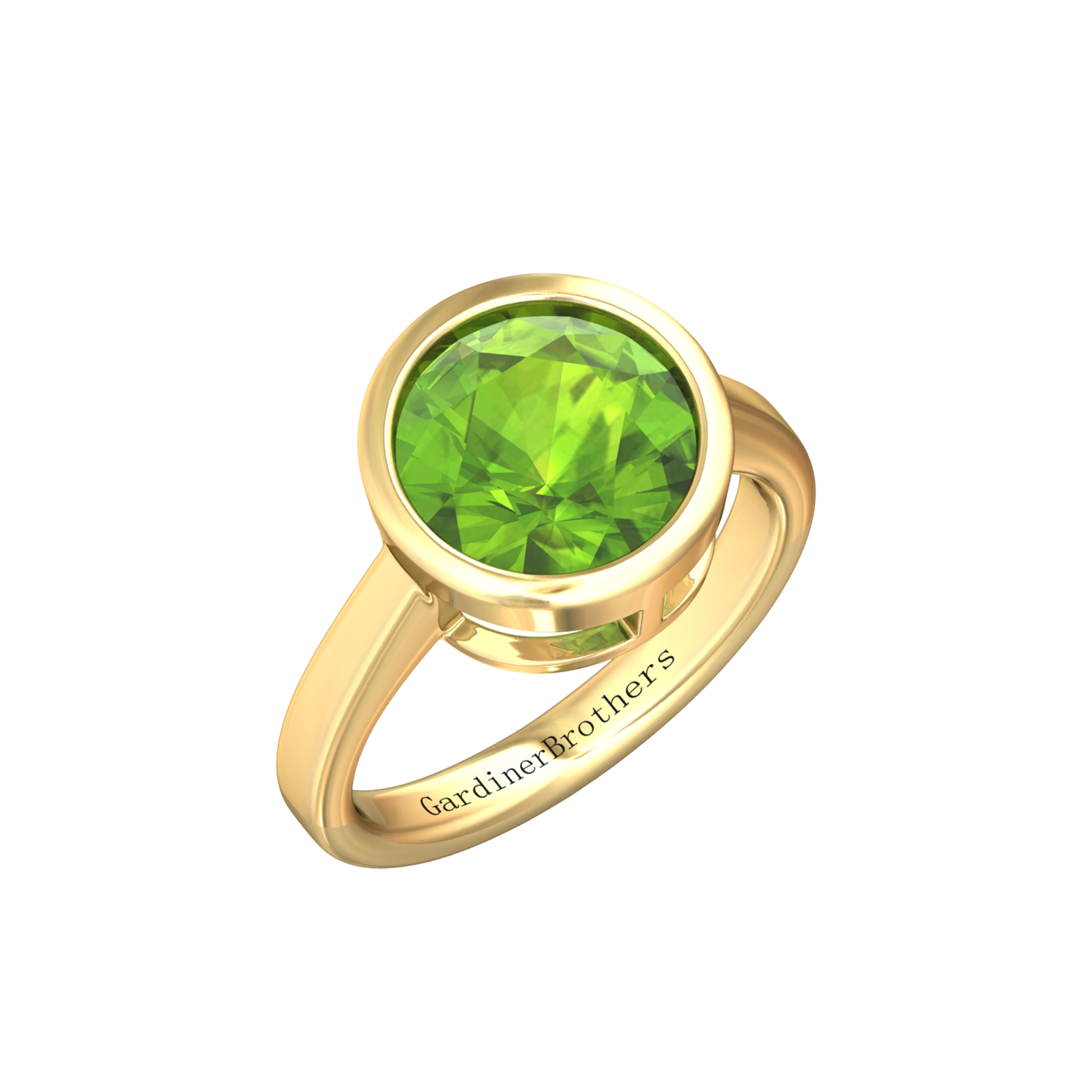 Nova round Peridot ring set in a plain bezel setting Gardiner Brothers Yellow Gold