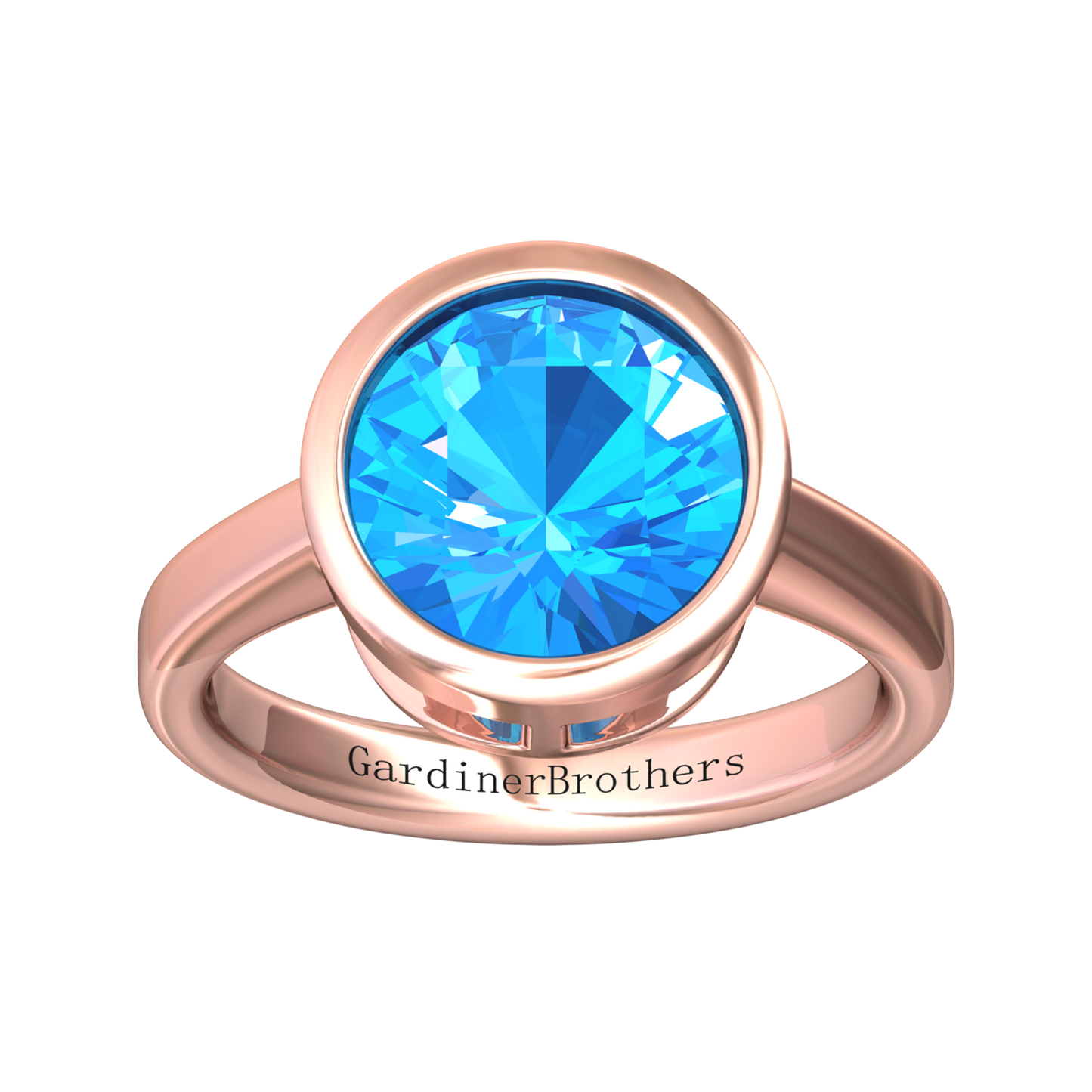 Nova round Swiss Blue Topaz ring set in a plain bezel setting Gardiner Brothers