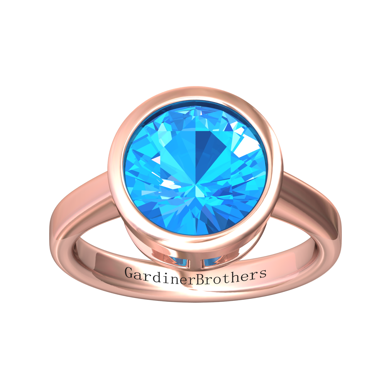 Nova round Swiss Blue Topaz ring set in a plain bezel setting Gardiner Brothers
