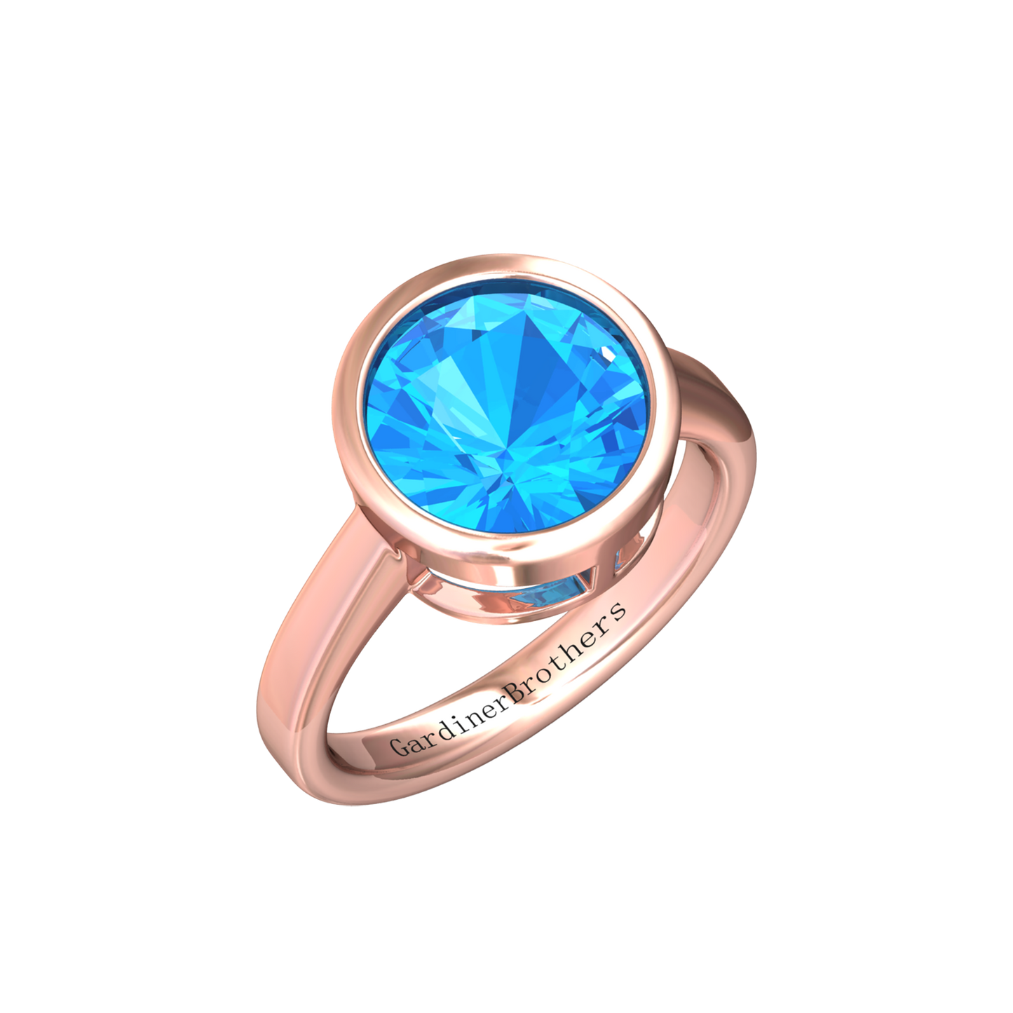 Nova round Swiss Blue Topaz ring set in a plain bezel setting Gardiner Brothers Rose Gold