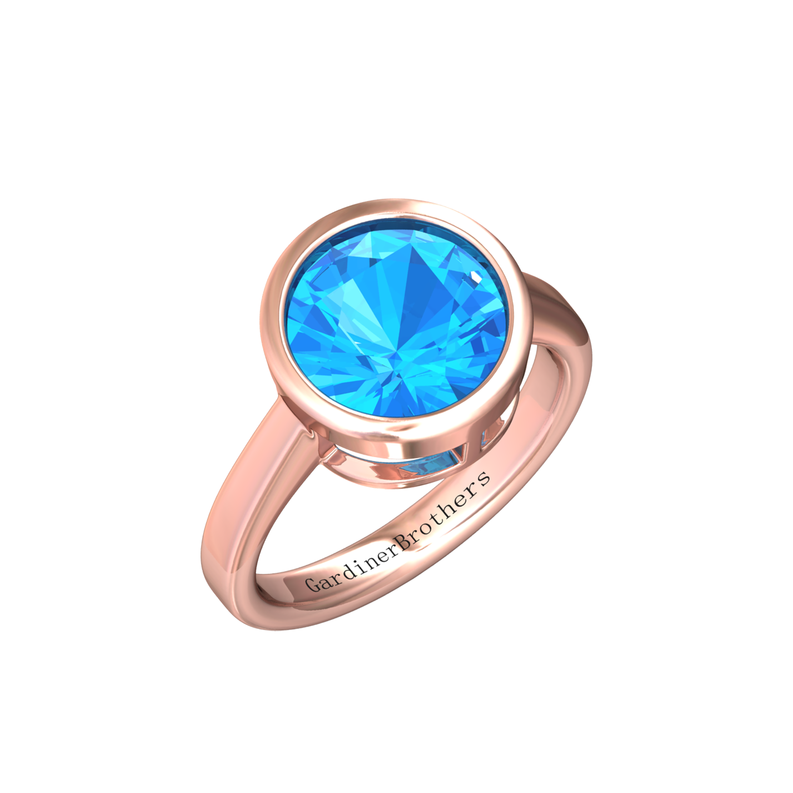 Nova round Swiss Blue Topaz ring set in a plain bezel setting Gardiner Brothers Rose Gold