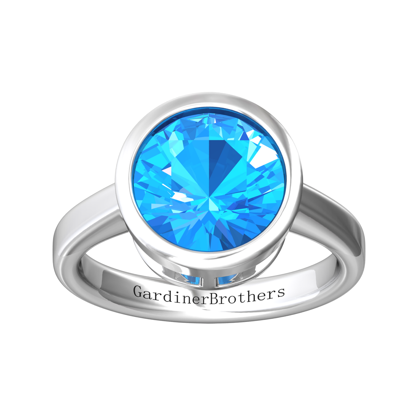 Nova round Swiss Blue Topaz ring set in a plain bezel setting Gardiner Brothers