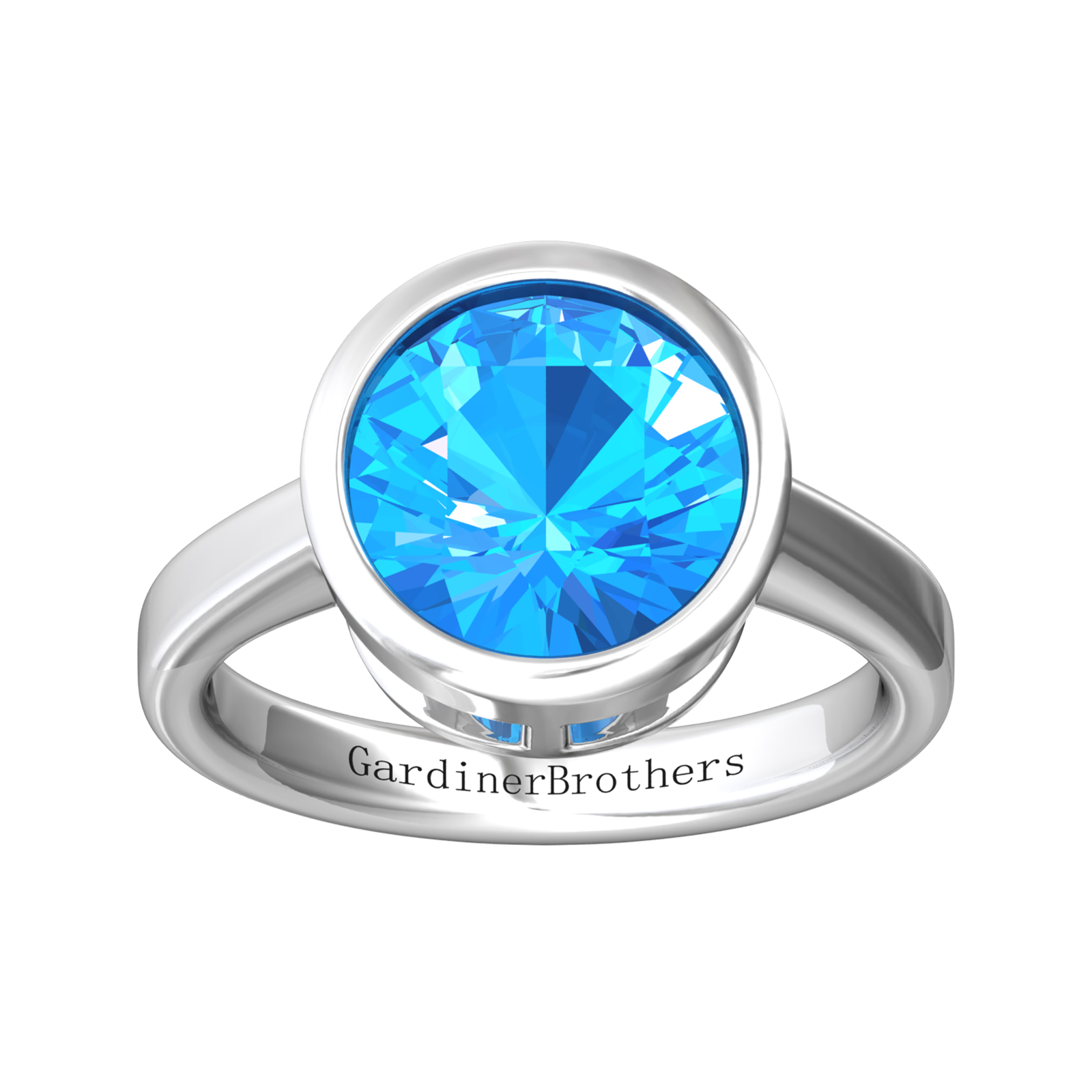 Nova round Swiss Blue Topaz ring set in a plain bezel setting Gardiner Brothers