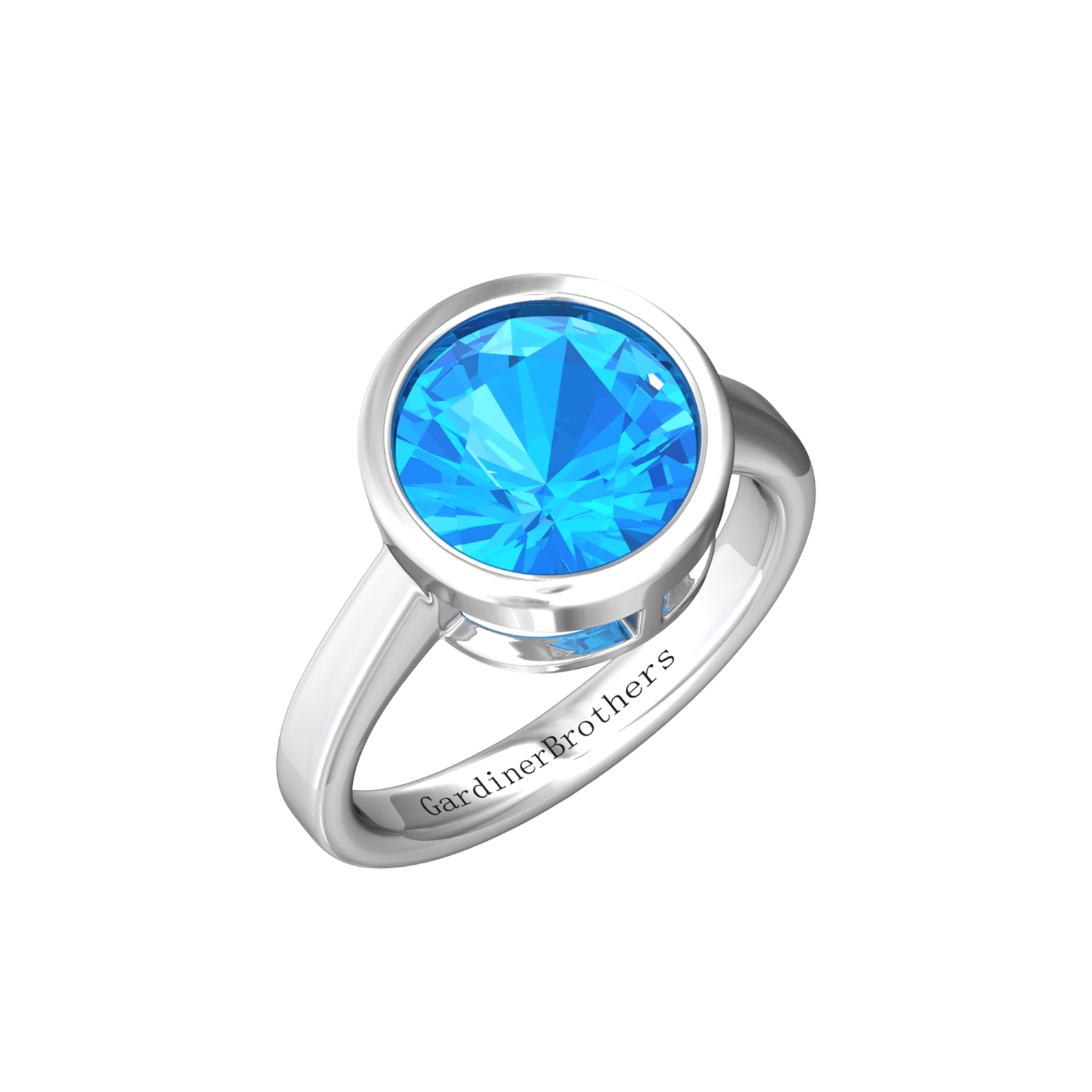 Nova round Swiss Blue Topaz ring set in a plain bezel setting Gardiner Brothers White Gold