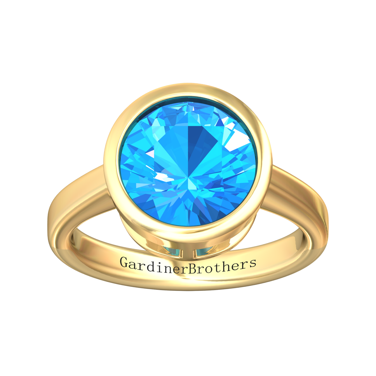 Nova round Swiss Blue Topaz ring set in a plain bezel setting Gardiner Brothers
