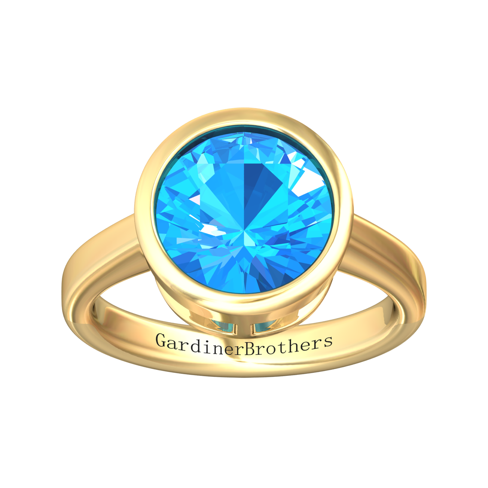 Nova round Swiss Blue Topaz ring set in a plain bezel setting Gardiner Brothers