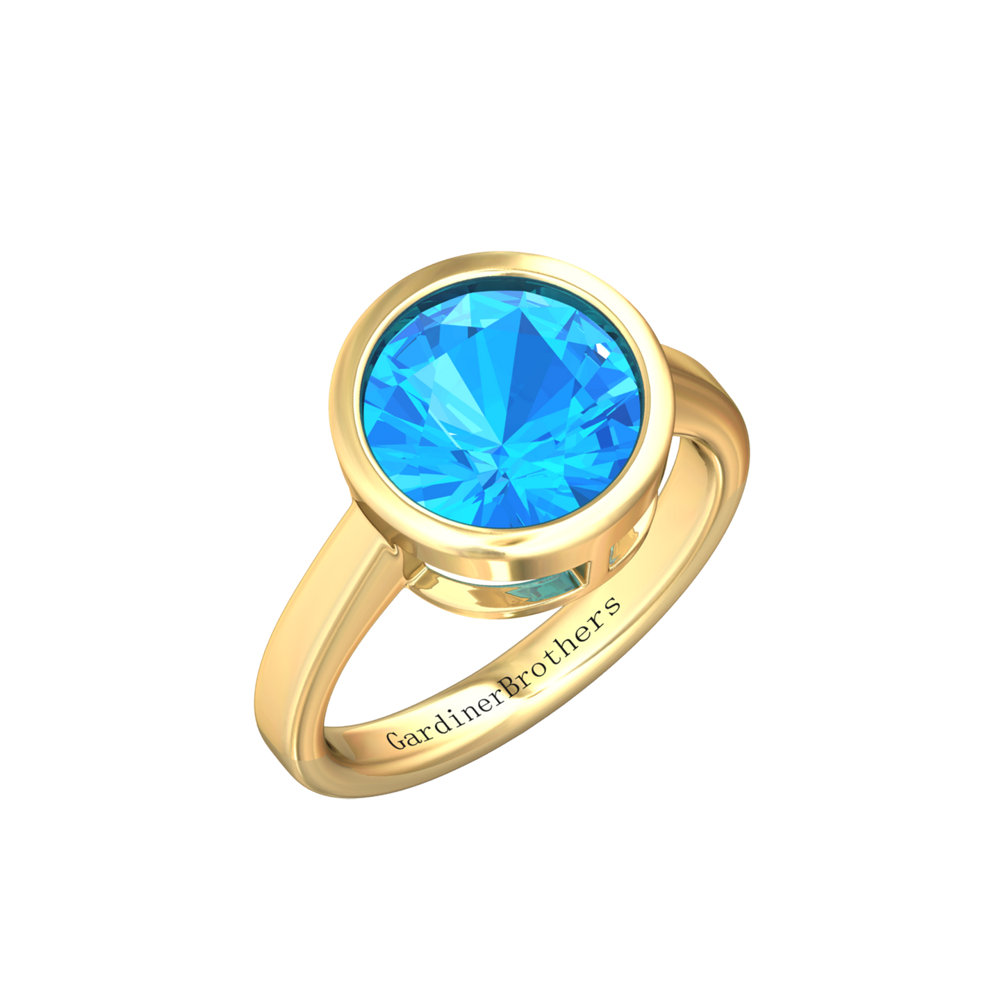 Nova round Swiss Blue Topaz ring set in a plain bezel setting Gardiner Brothers Yellow Gold