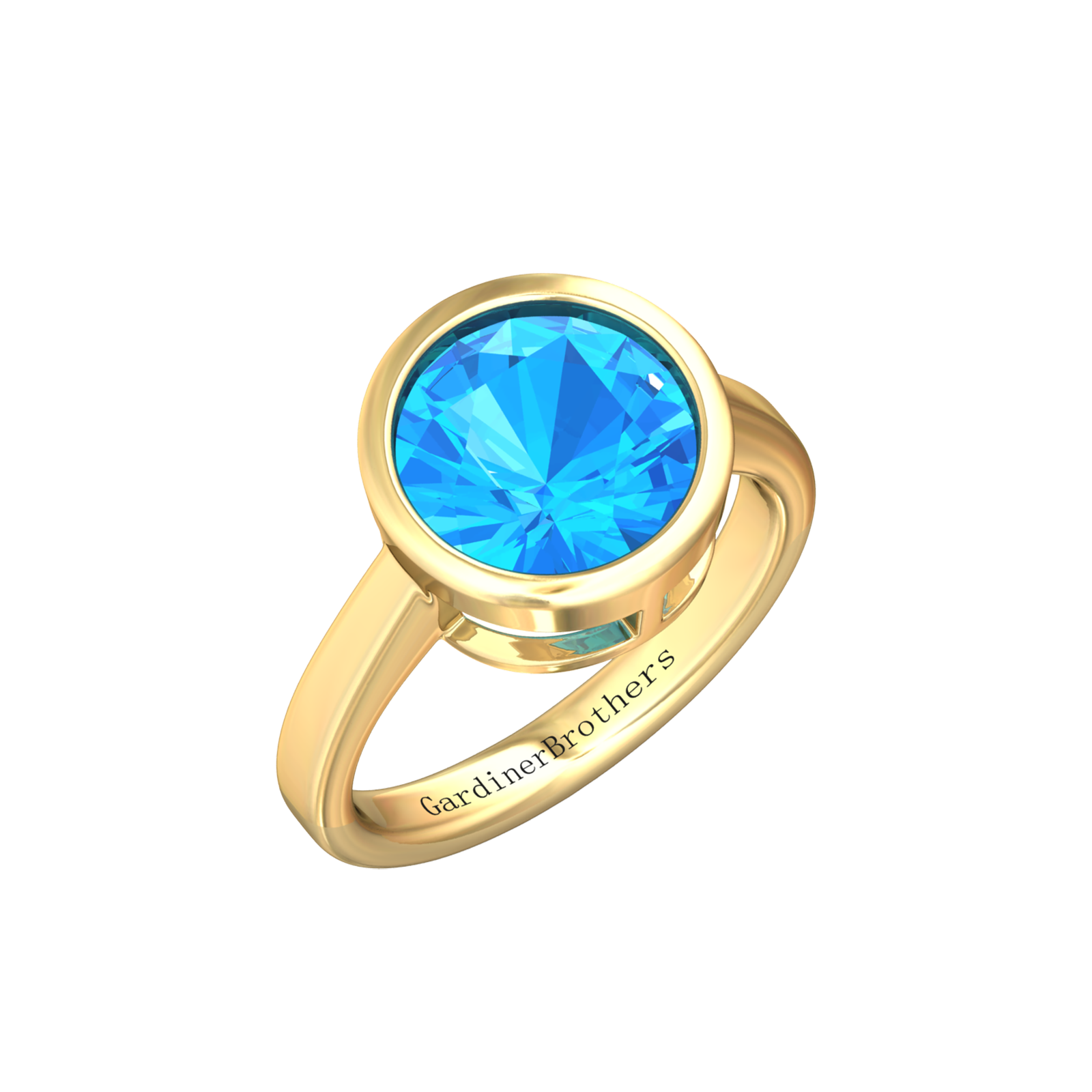 Nova round Swiss Blue Topaz ring set in a plain bezel setting Gardiner Brothers Yellow Gold