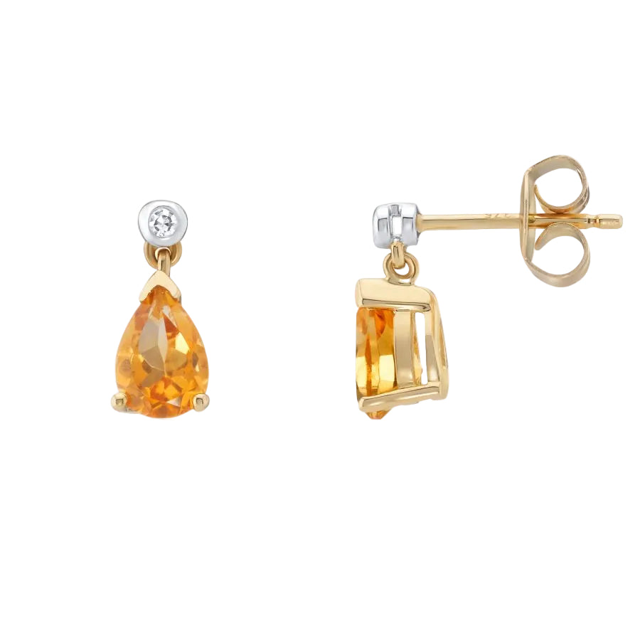 Yellow and White Gold Pear Shaped Citrine and Diamond Earrings