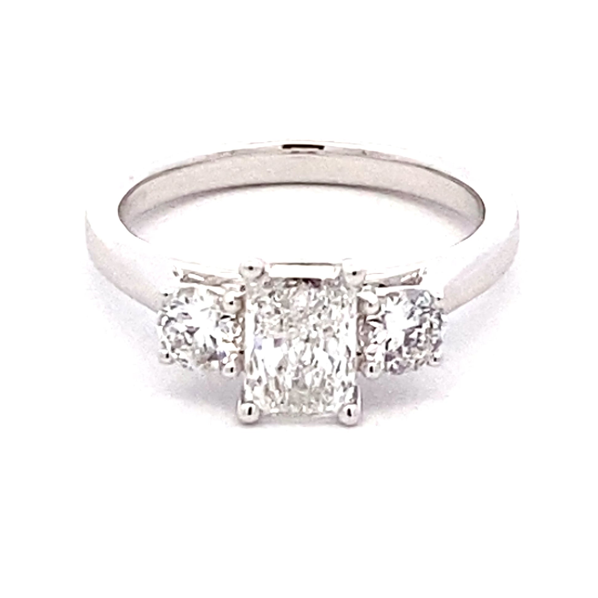 Radiant and round brilliant cut diamond 3 stone ring - 1.40cts  Gardiner Brothers   