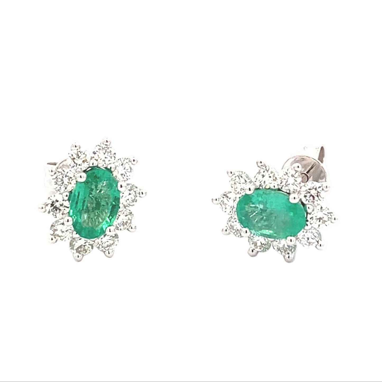 Oval Shaped Emerald and Round Brilliant Cut Diamond Cluster Style Earrings