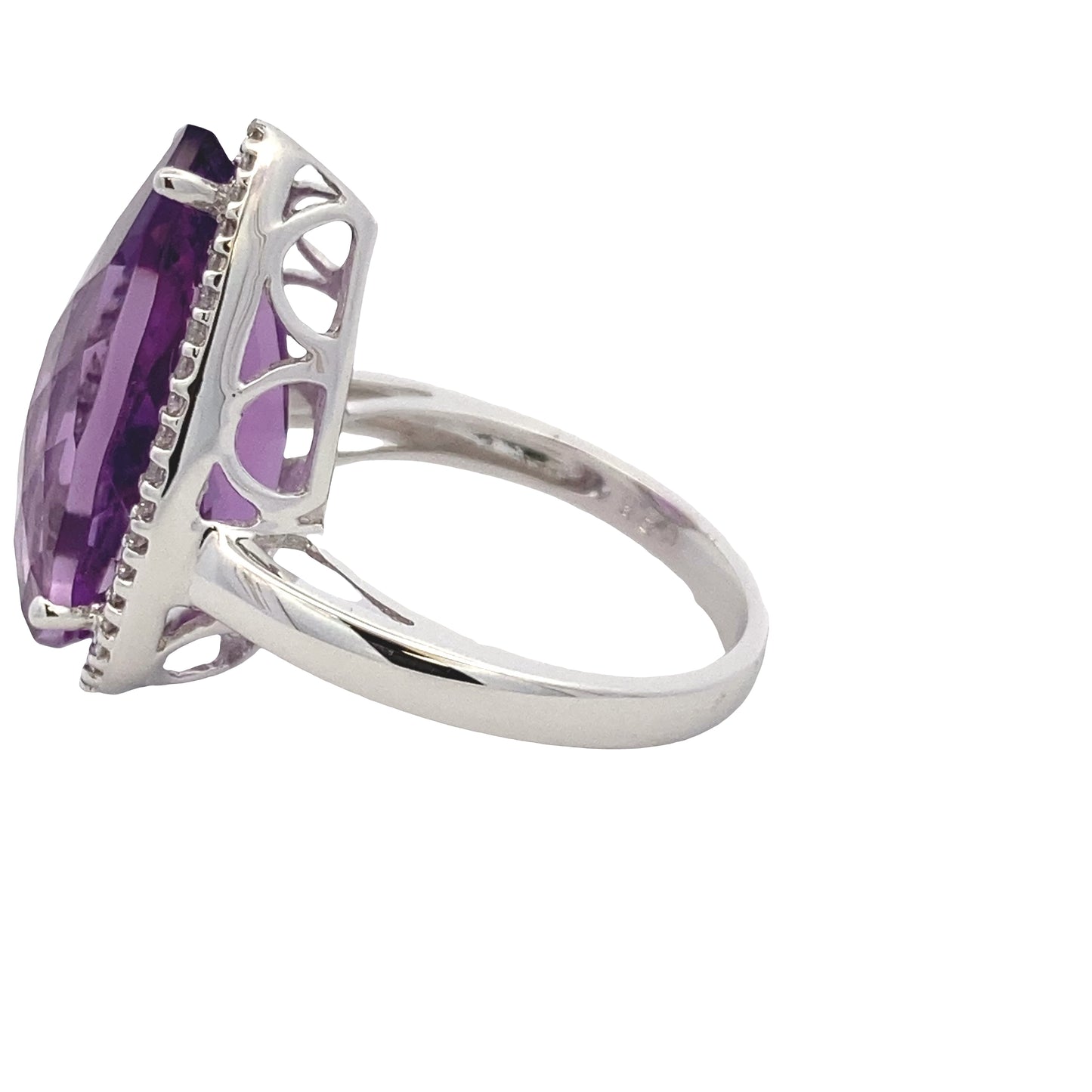 Pear Shaped Amethyst and Round Brilliant Cut Diamond Halo Ring Gardiner Brothers