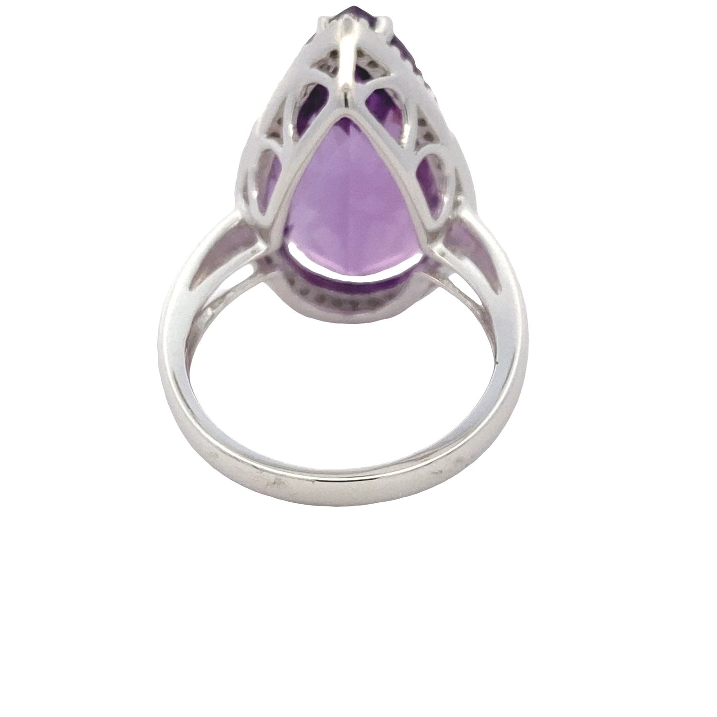 Pear Shaped Amethyst and Round Brilliant Cut Diamond Halo Ring Gardiner Brothers
