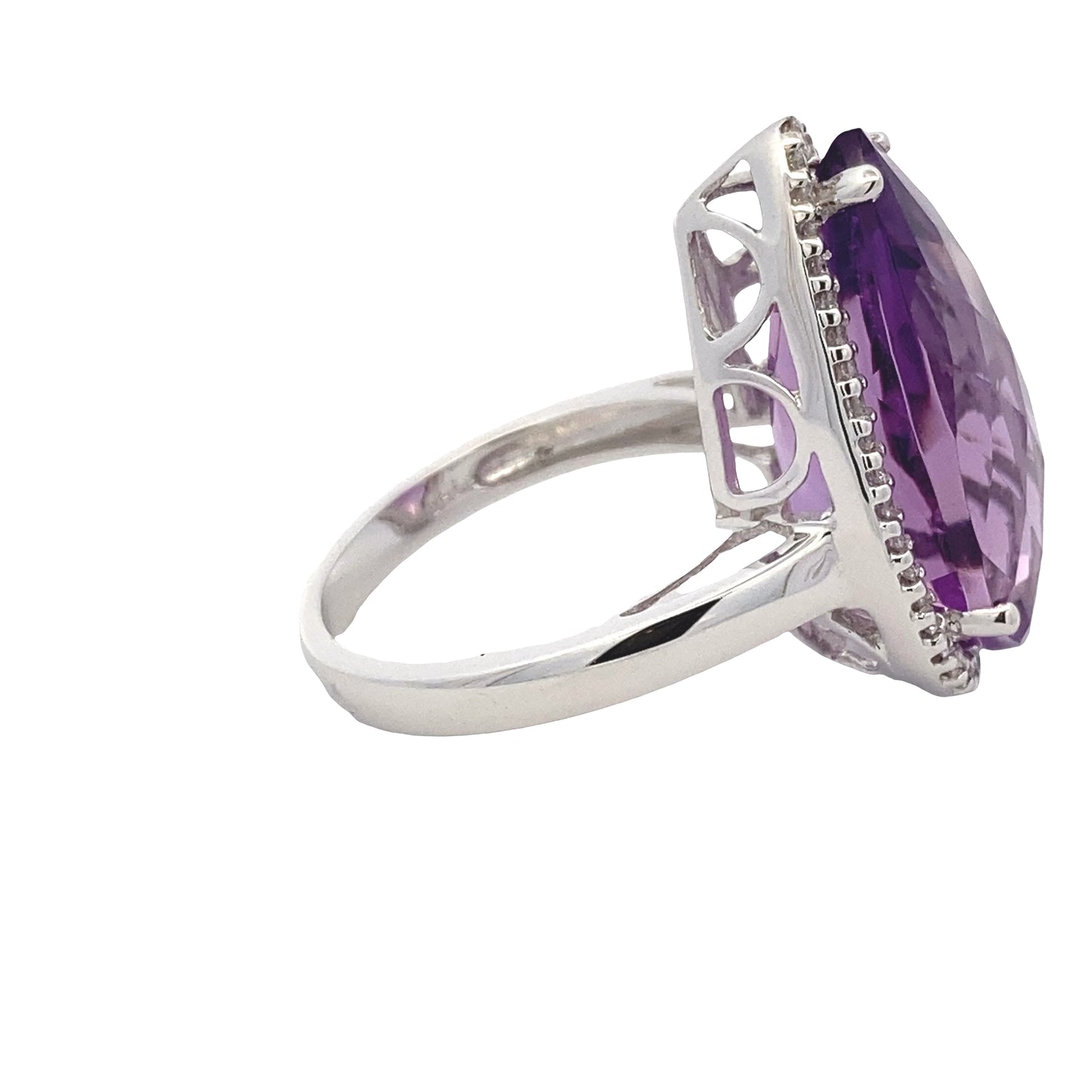 Pear Shaped Amethyst and Round Brilliant Cut Diamond Halo Ring Gardiner Brothers