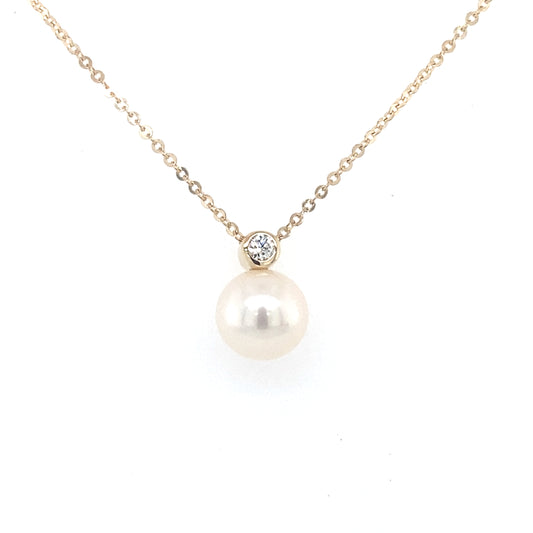 Yellow Gold Round Brilliant Cut Diamond and Pearl Pendant  Gardiner Brothers   