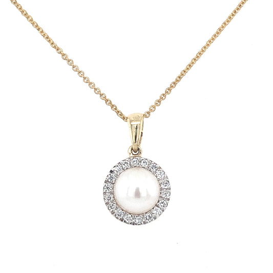 Yellow Gold Pearl and Diamond Halo Pendant  Gardiner Brothers   