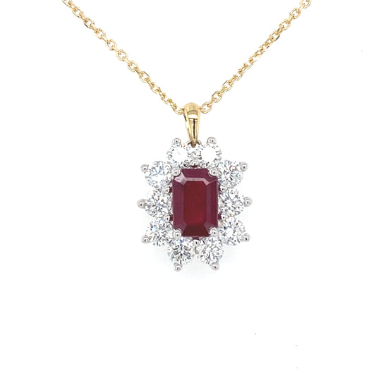 Octagonal Ruby and round brilliant cut diamond cluster pendant  Gardiner Brothers   