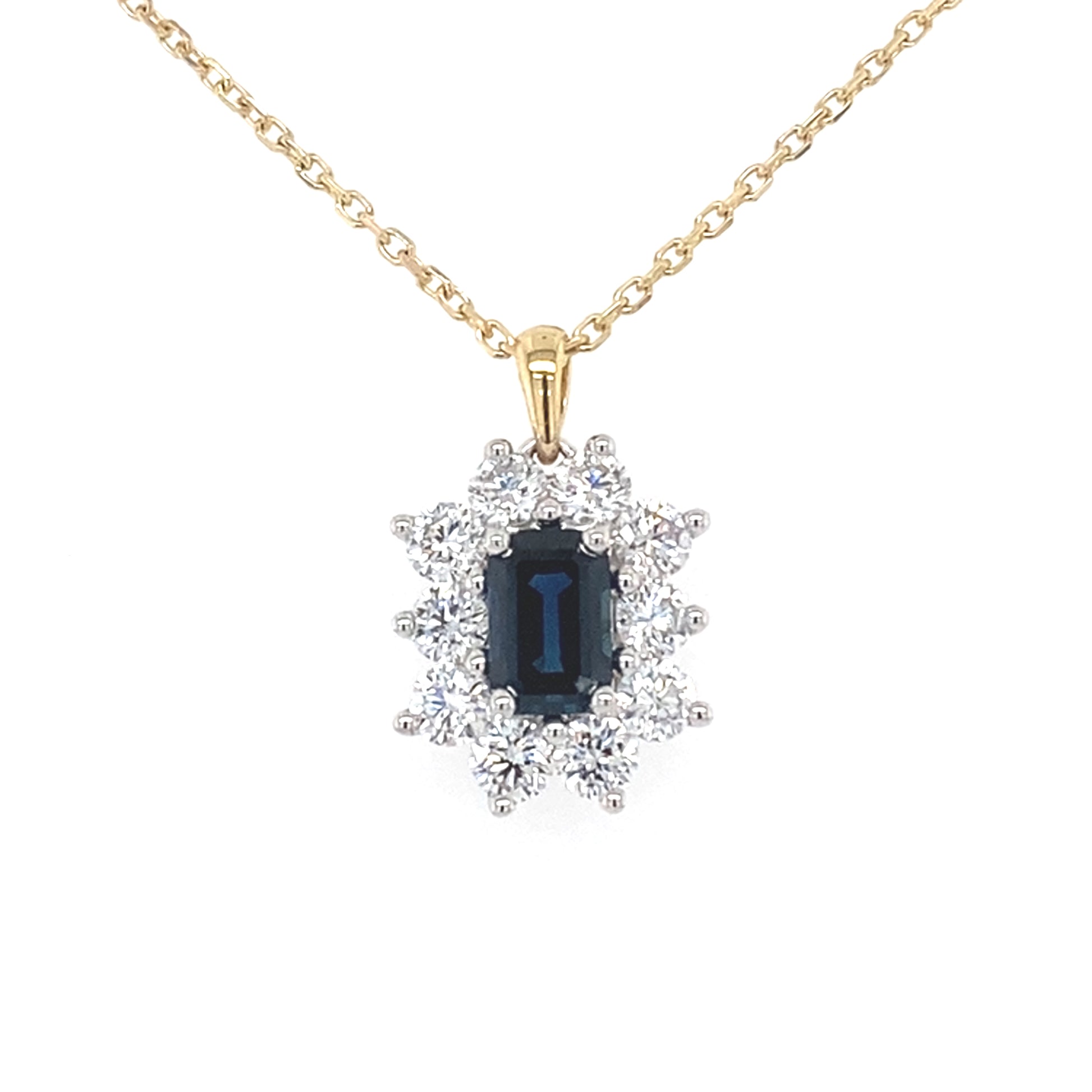 Octagonal sapphire and round brilliant cut diamond cluster pendant  Gardiner Brothers   