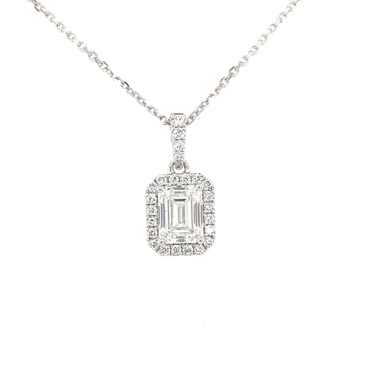 Emerald cut diamond halo cluster style pendant - 1.20cts  Gardiner Brothers   