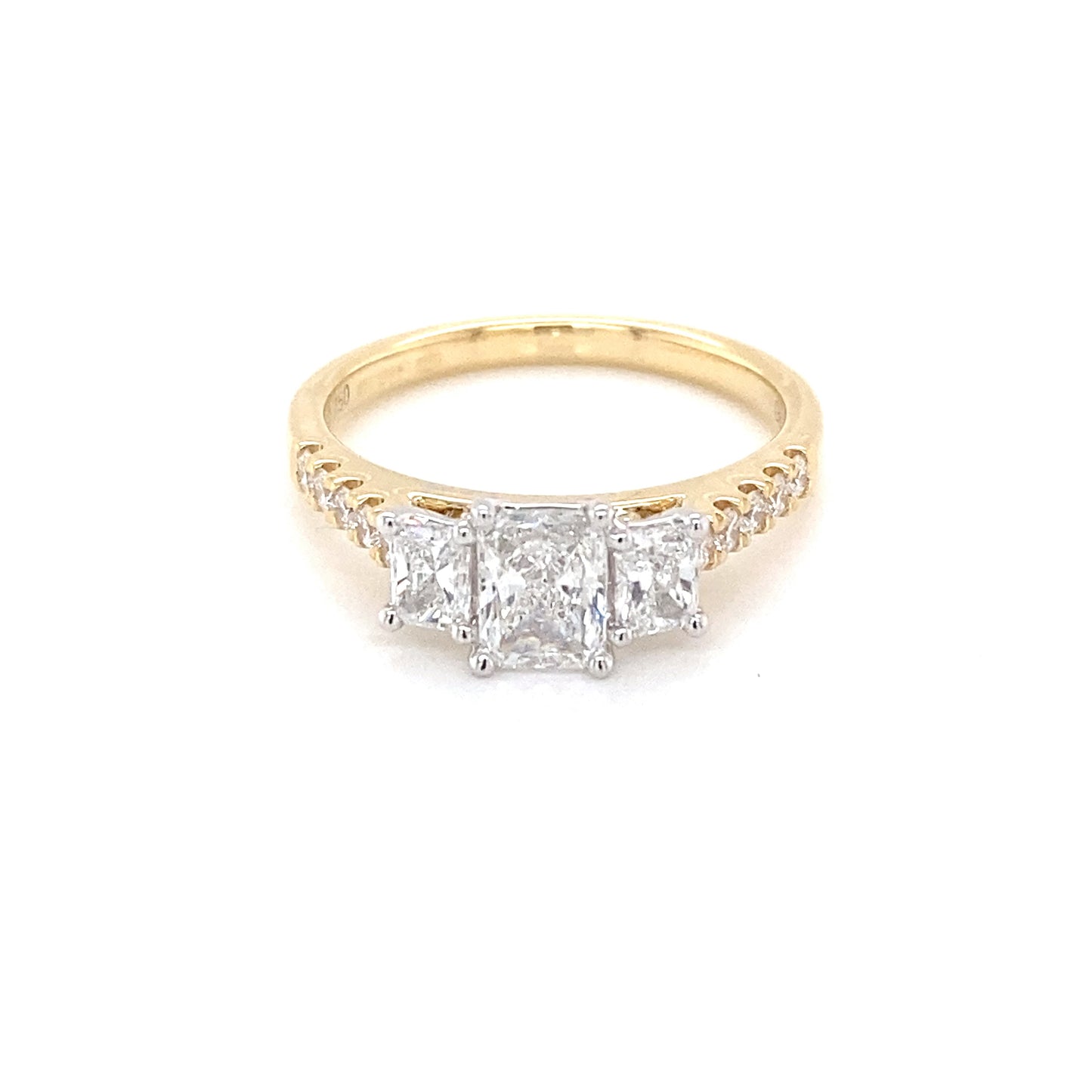 Radiant Cut Diamond 3 Stone Ring with diamond set shoudlers - 1.10cts  Gardiner Brothers   