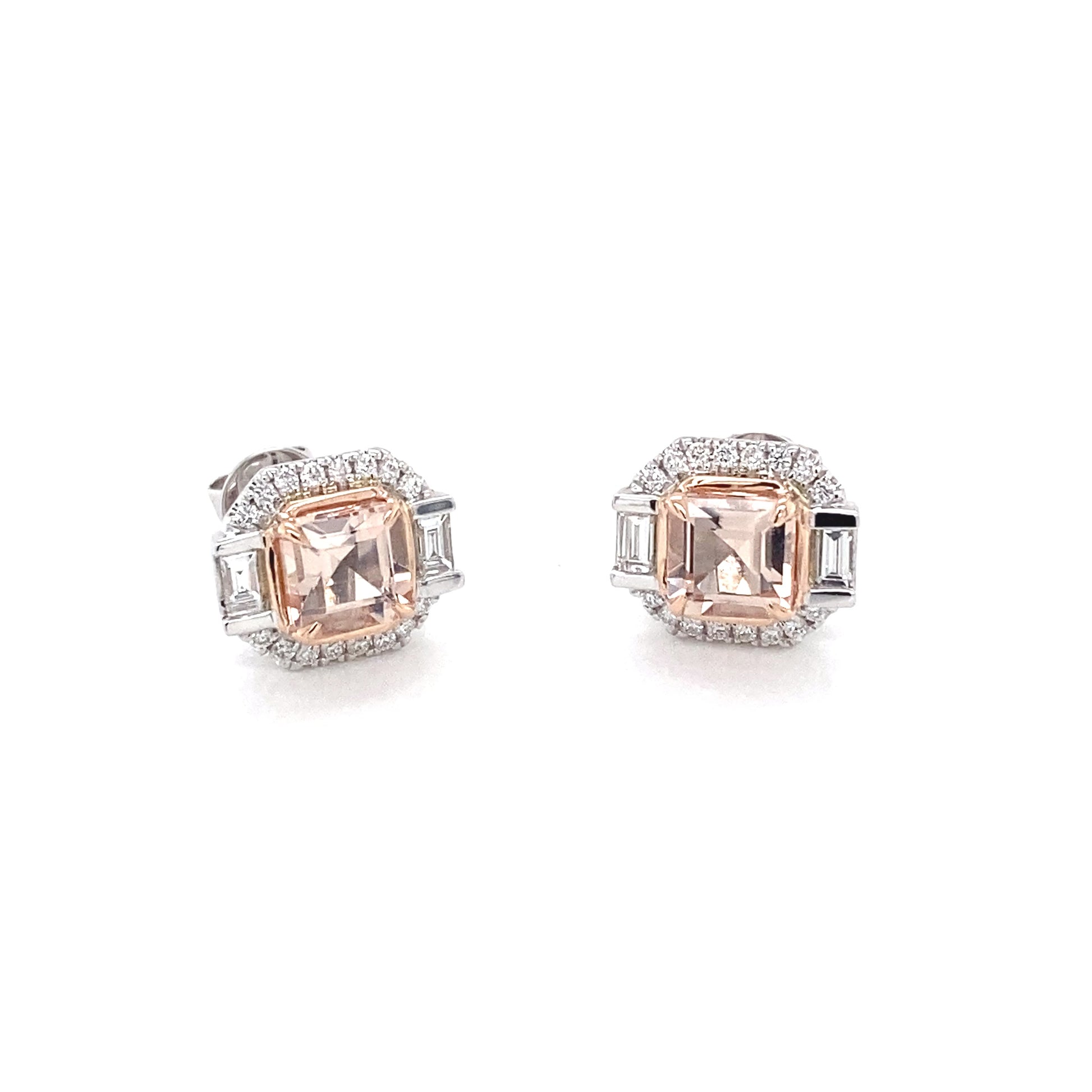 Morganite and diamond halo cluster style earrings Gardiner Brothers