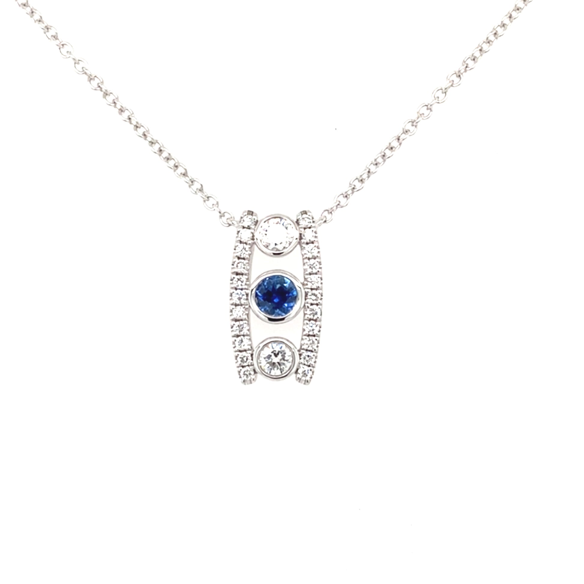 Round Sapphire and round brilliant cut diamond drop pendant Gardiner Brothers