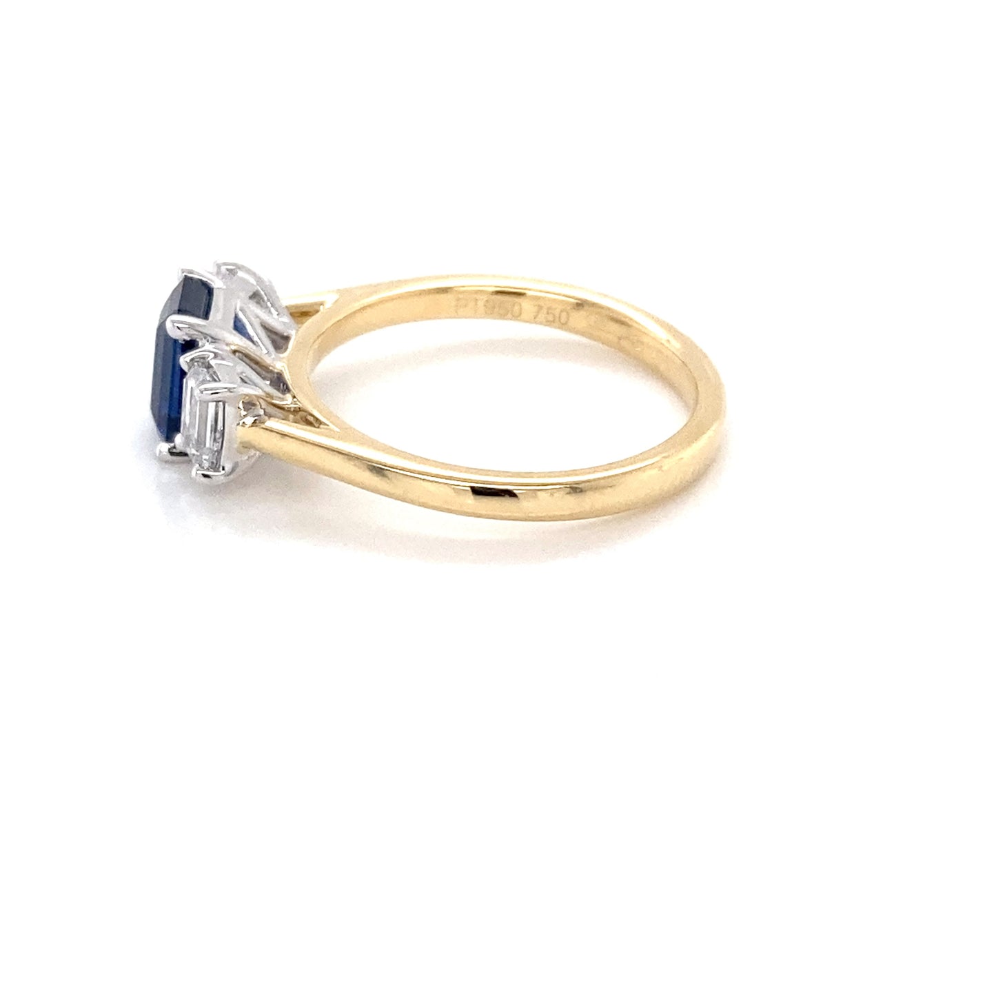 Octagonal shaped sapphire and emerald cut diamond 3 stone ring Gardiner Brothers