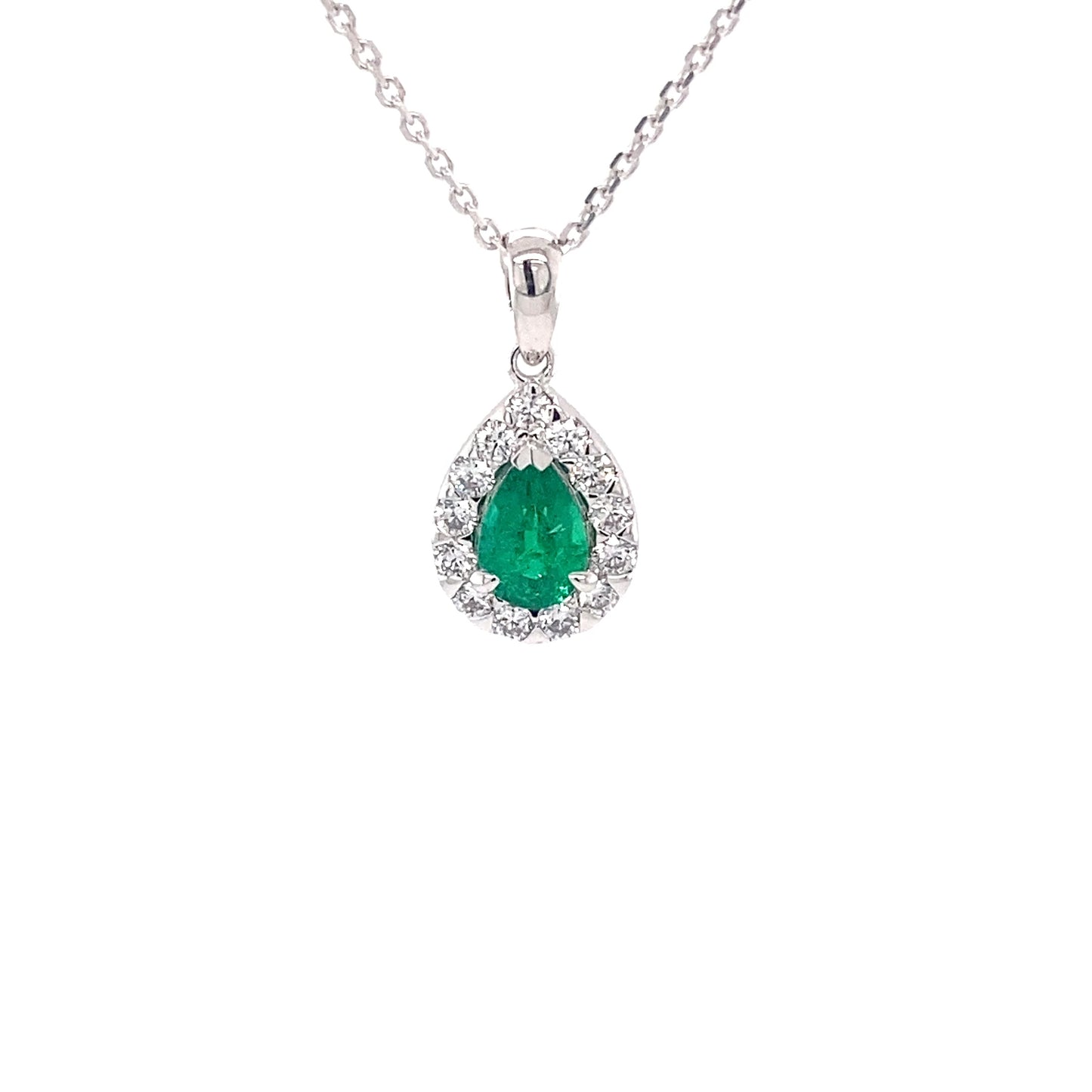 Pear Shaped emerald and brilliant cut diamond halo style pendant Gardiner Brothers