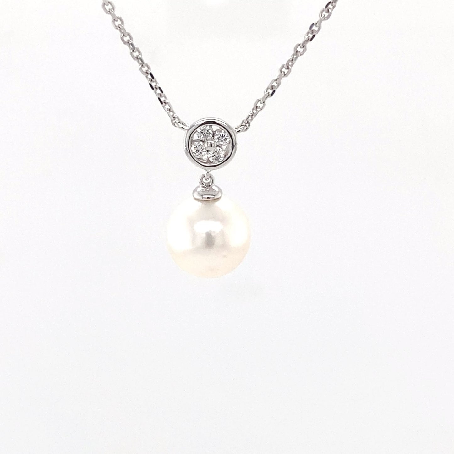 Akoya Pearl and Round Brilliant Cut Diamond Cluster Pendant Gardiner Brothers