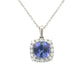 Cushion shaped Tanzanite and round brilliant cut diamond halo pendant Gardiner Brothers