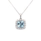 Cushion shaped Aquamarine and round brilliant cut diamond halo pendant Gardiner Brothers