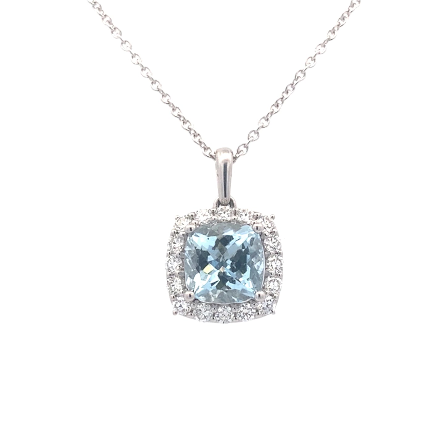 Cushion shaped Aquamarine and round brilliant cut diamond halo pendant Gardiner Brothers