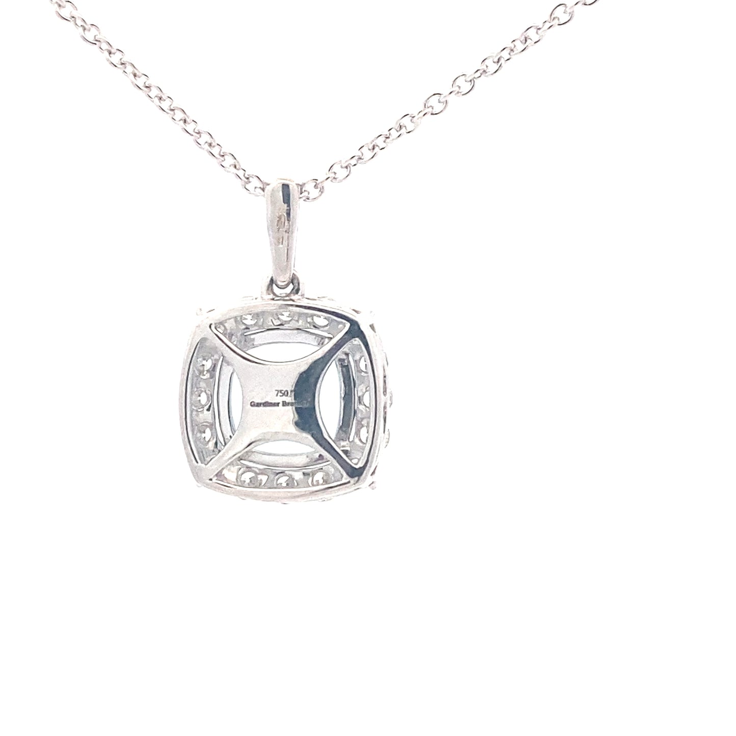 Cushion shaped Aquamarine and round brilliant cut diamond halo pendant Gardiner Brothers